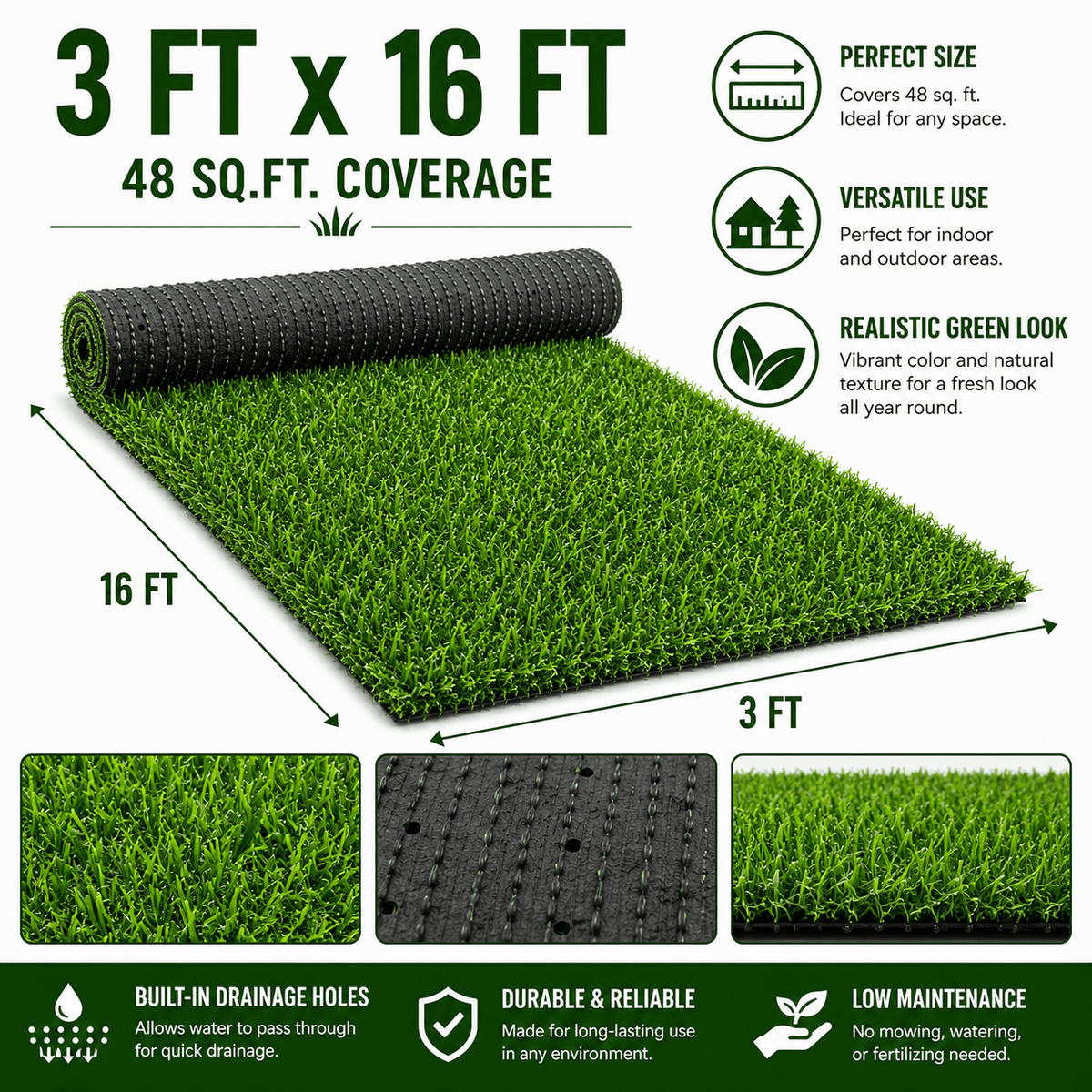0.7" Artificial Grass — 2-Color Blend, 3 ft Wide
