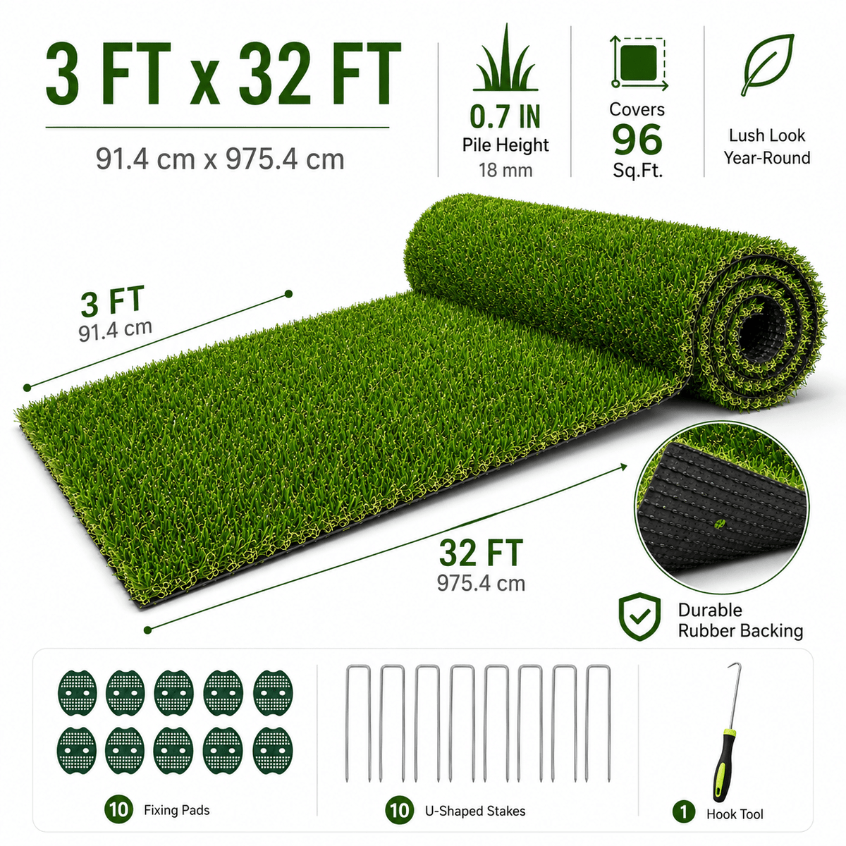 0.7" Artificial Grass — 4-Color Blend, 3 ft Wide