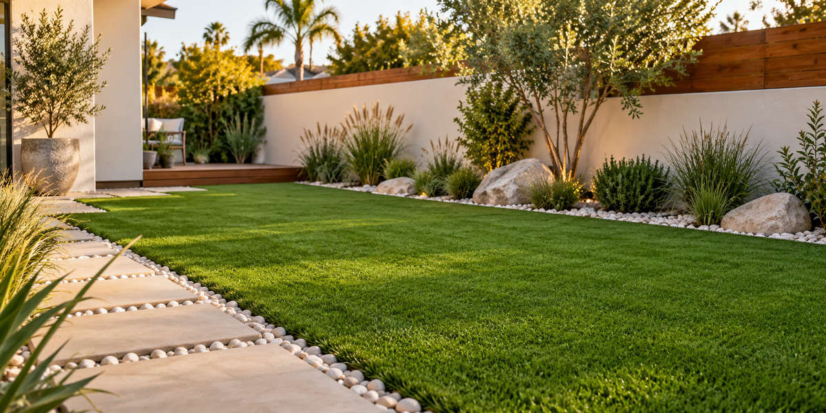 Landscape inspiration featuring artificial grass, white river rock borders and concrete stepping stones