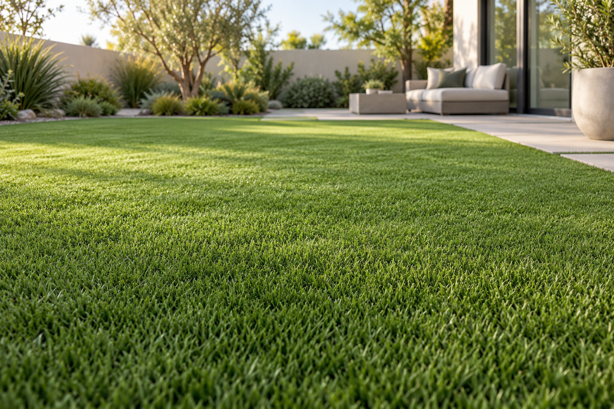 Landscape inspiration with short artificial grass beside a modern patio
