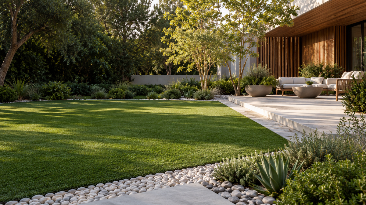 Landscape inspiration showing artificial grass and river rock borders in a courtyard