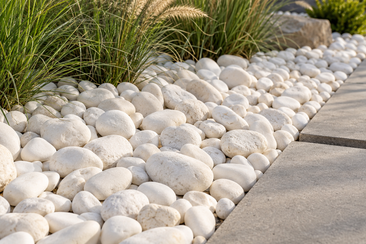 Material inspiration with white river rocks beside concrete garden paving